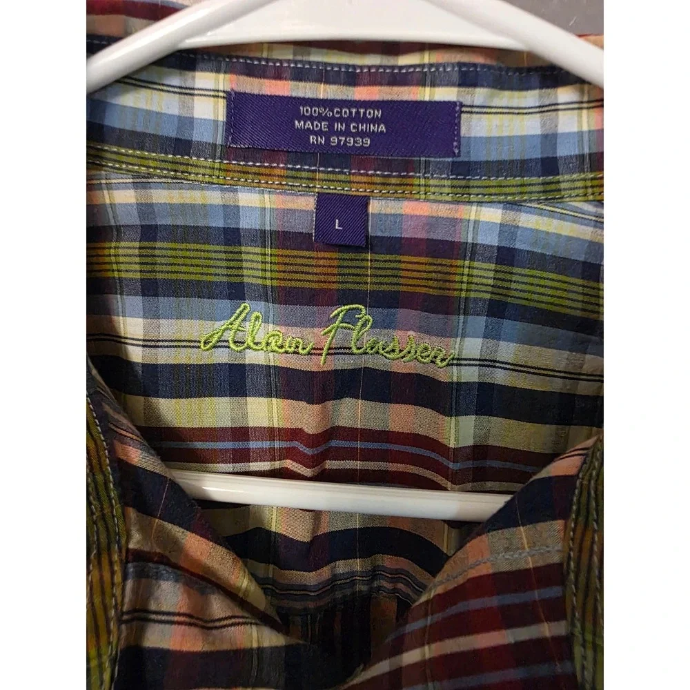 Alan Flusser Mens Large Short Sleeve Plaid Button Up Shirt Multicolor Cotton L